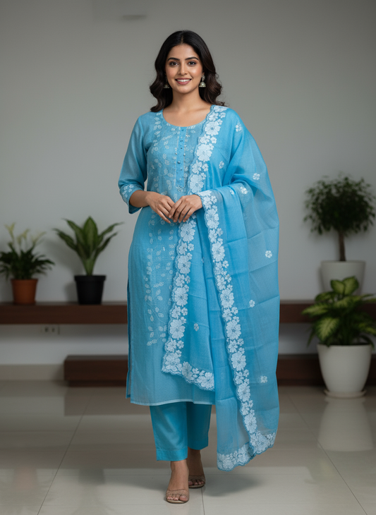Sky Blue Embroidered Kota Doria 3 piece unstitched Dress Material