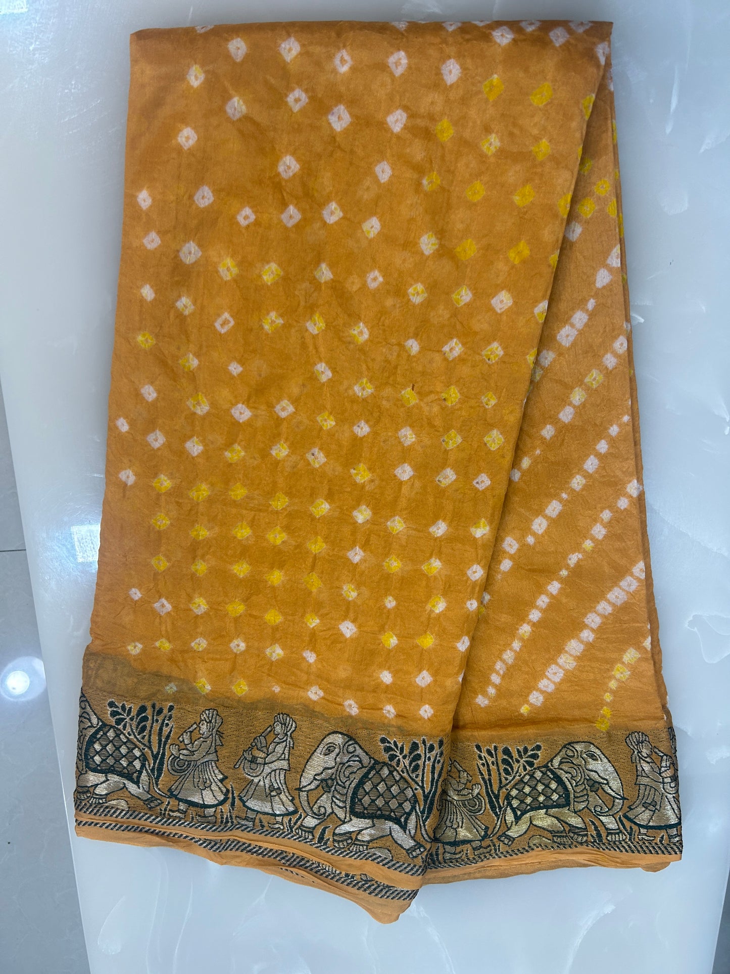 Golden yellow Bandini saree with woven figure motifs all over the borders with plain blouse  piece SB205