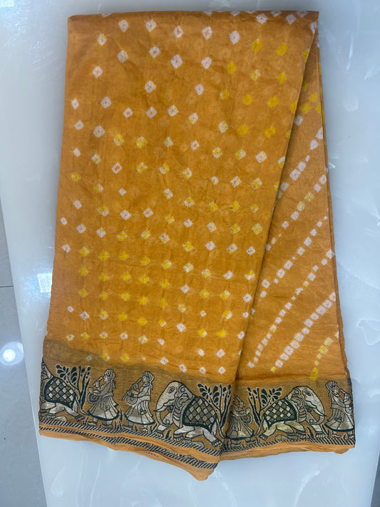 Golden yellow Bandini saree with woven figure motifs all over the borders with plain blouse  piece SB205