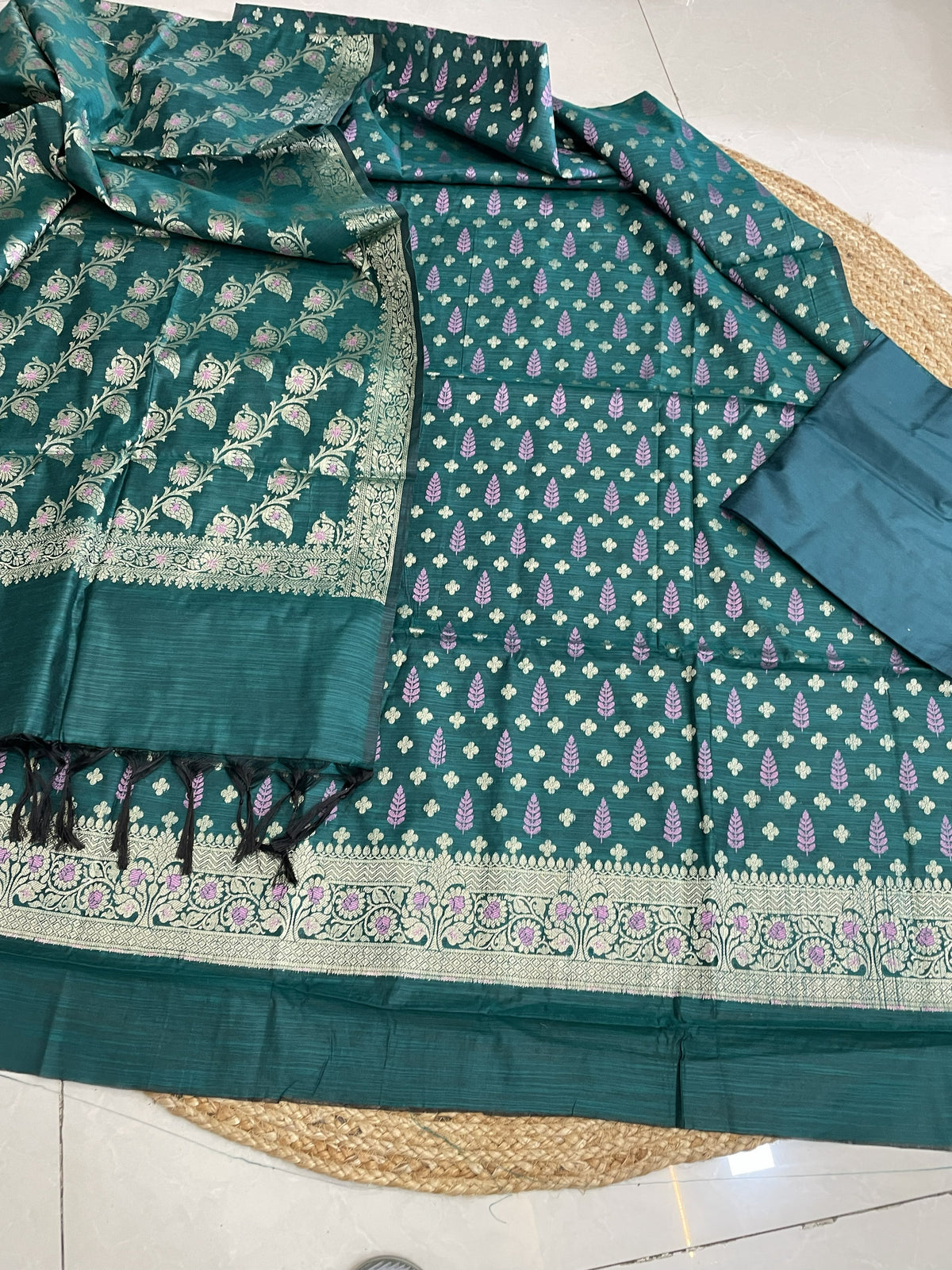 Deep Teal green Mul Chanderi Banarasi 3-Piece Suit Material