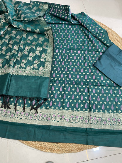 Deep Teal green Mul Chanderi Banarasi 3-Piece Suit Material