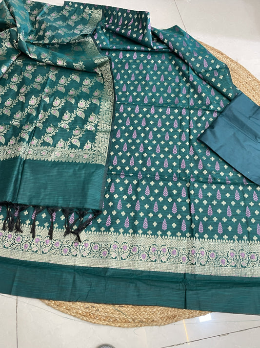 Deep Teal green Mul Chanderi Banarasi 3-Piece Suit Material