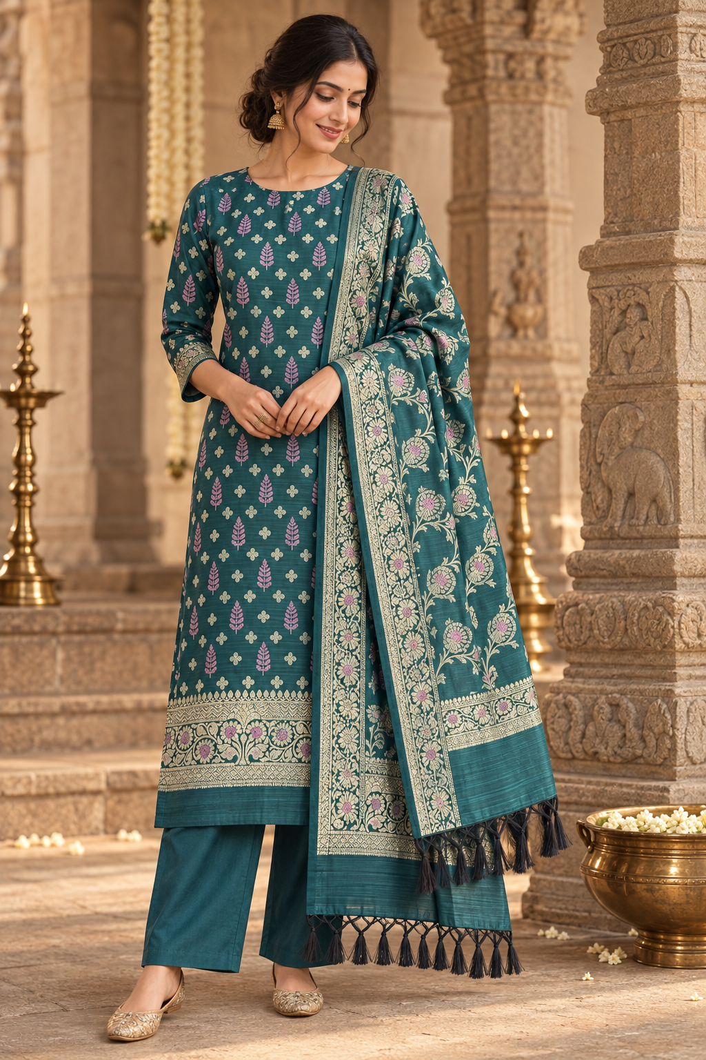 Deep Teal green Mul Chanderi Banarasi 3-Piece Suit Material