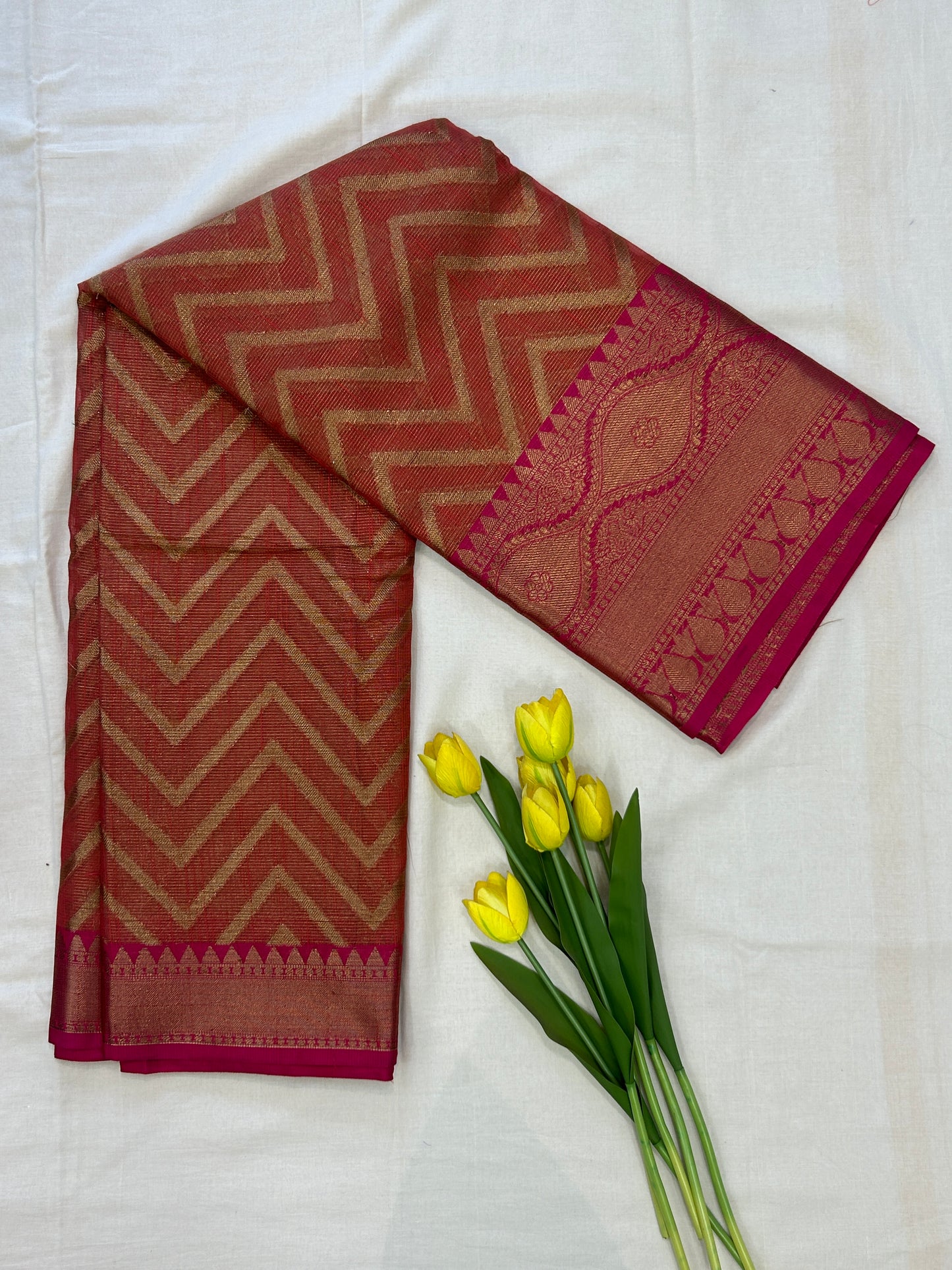 Burnt Orange with Rani Pink border with Antique Gold Zari Linen Tissue Banarasi saree with Brocade blouse piece