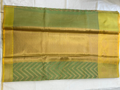 Pista Green with Yellow border with Antique Gold Zari Linen Tissue Banarasi saree with Brocade blouse piece