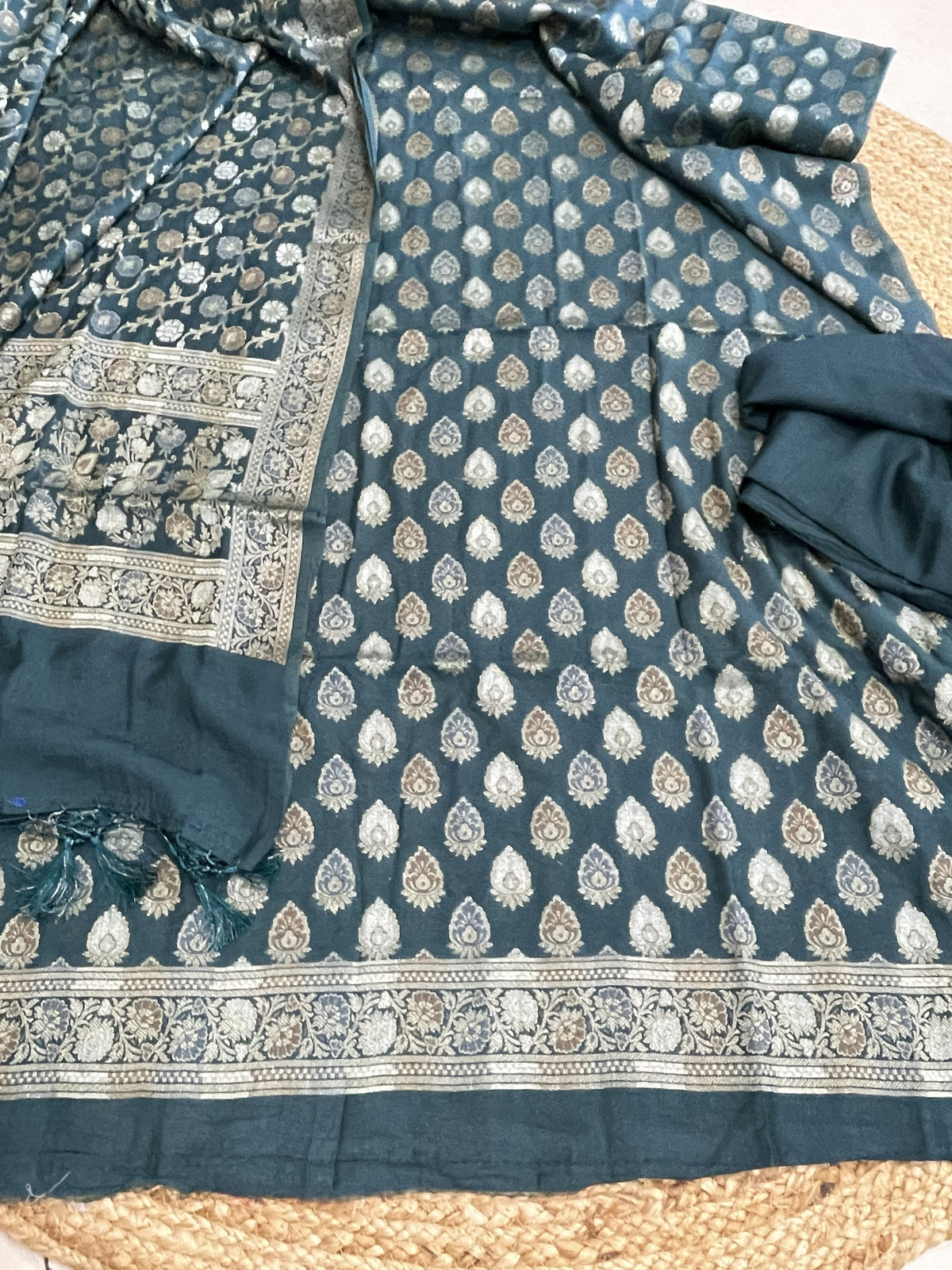 Slate Blue Mul Chanderi Banarasi 3-Piece Suit Material