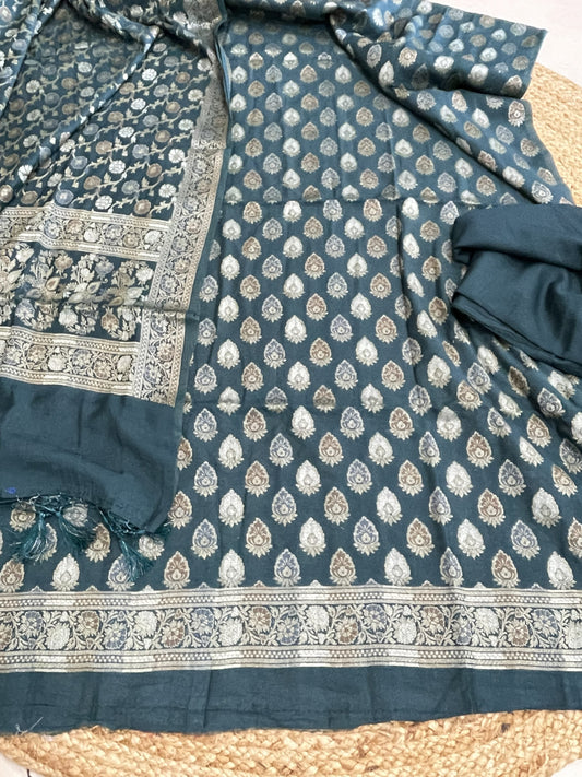 Slate Blue Mul Chanderi Banarasi 3-Piece Suit Material