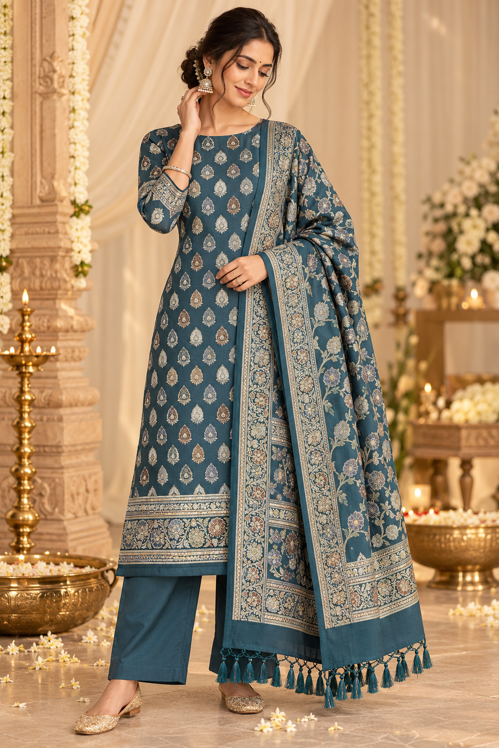 Slate Blue Mul Chanderi Banarasi 3-Piece Suit Material