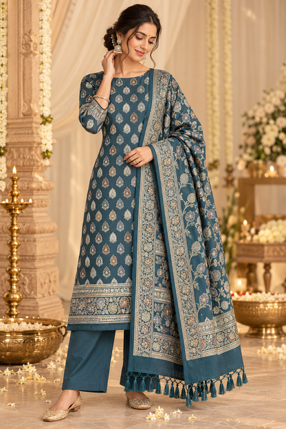 Slate Blue Mul Chanderi Banarasi 3-Piece Suit Material