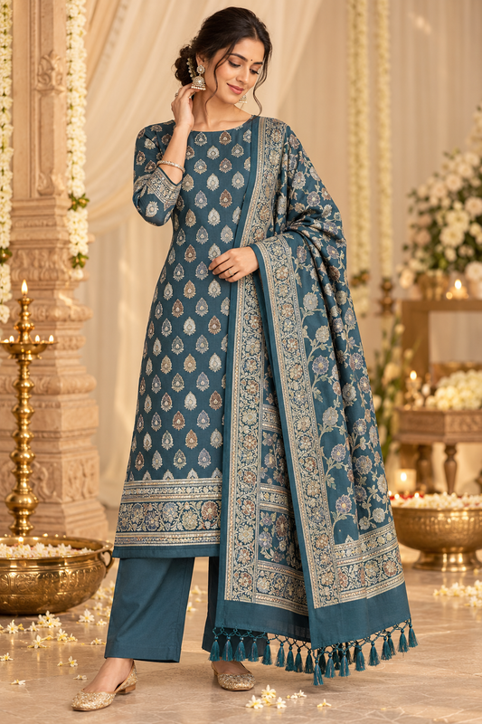 Slate Blue Mul Chanderi Banarasi 3-Piece Suit Material