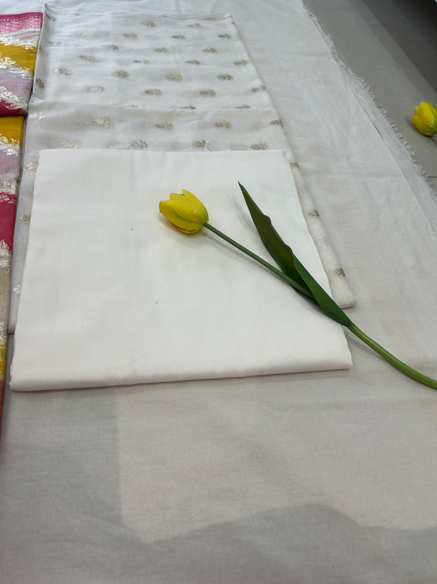 White and Pink golden butti banarasi 3 piece set with diagonal striped dupatta