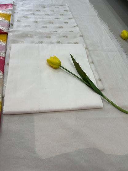 White and Pink golden butti banarasi 3 piece set with diagonal striped dupatta