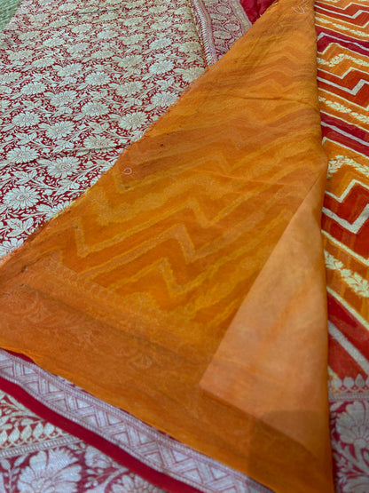 Authentic Handloom Orange & Red Pure Georgette Khaddi weaving Handloom Saree