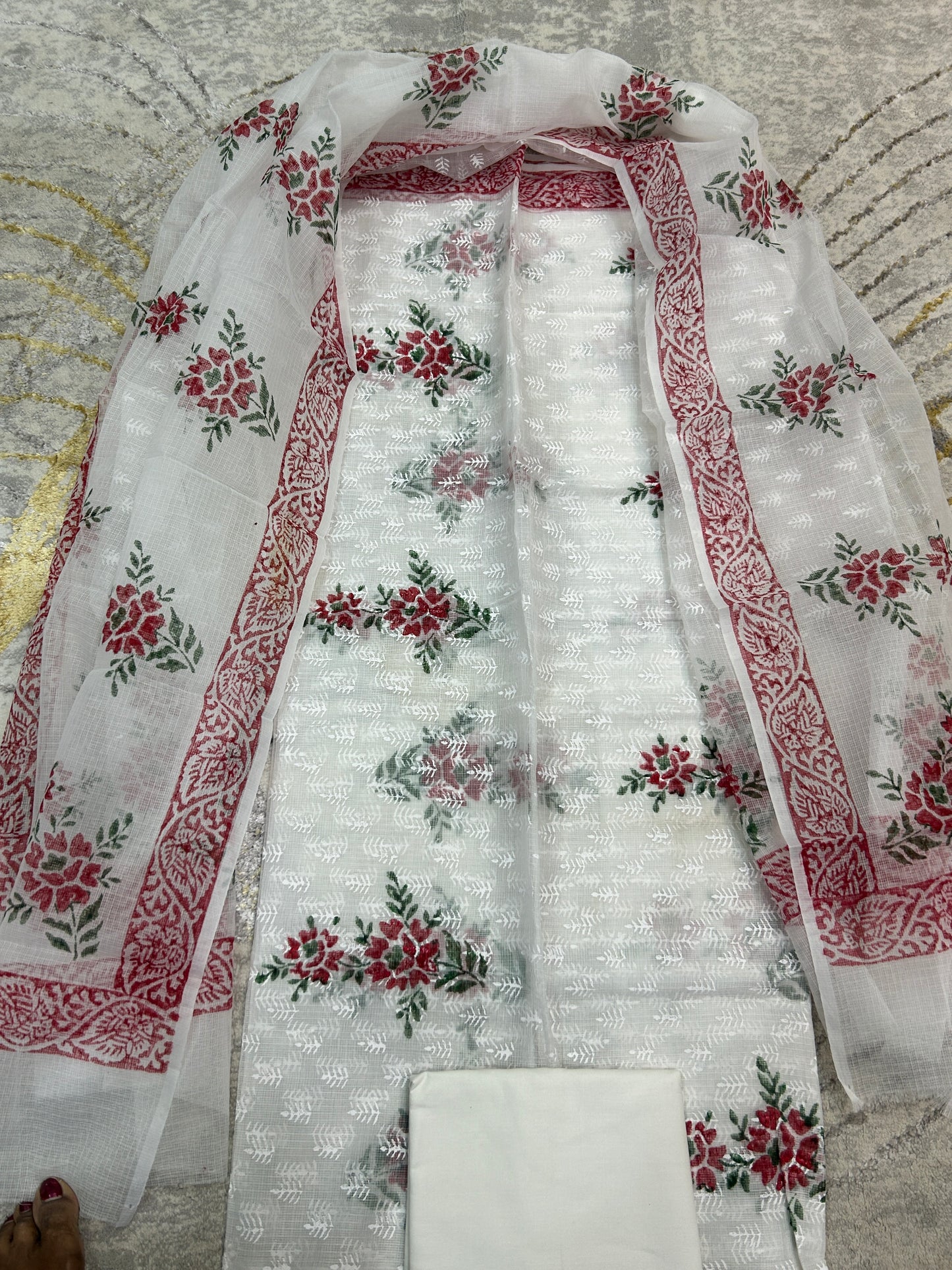 White and red  color printed Kota Doria 3 piece unstitched Dress Material
