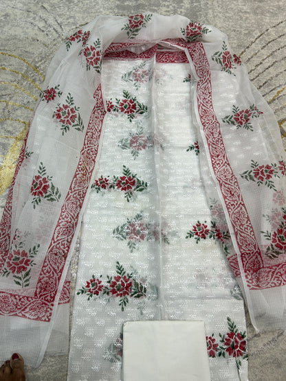 White and red  color printed Kota Doria 3 piece unstitched Dress Material