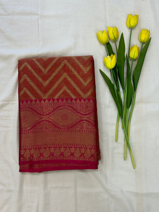 Burnt Orange with Rani Pink border with Antique Gold Zari Linen Tissue Banarasi saree with Brocade blouse piece