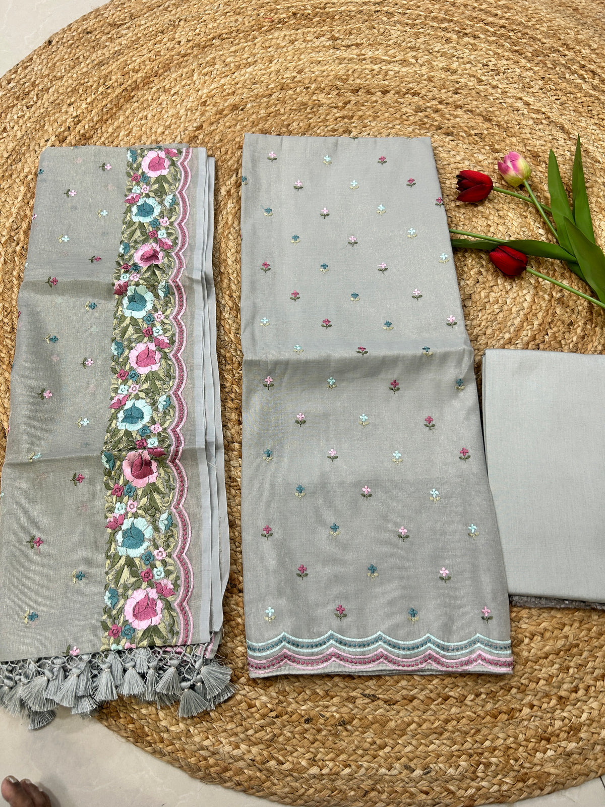 Silver Grey Pure Mul Tissue Parsi Embroidery Dress Material