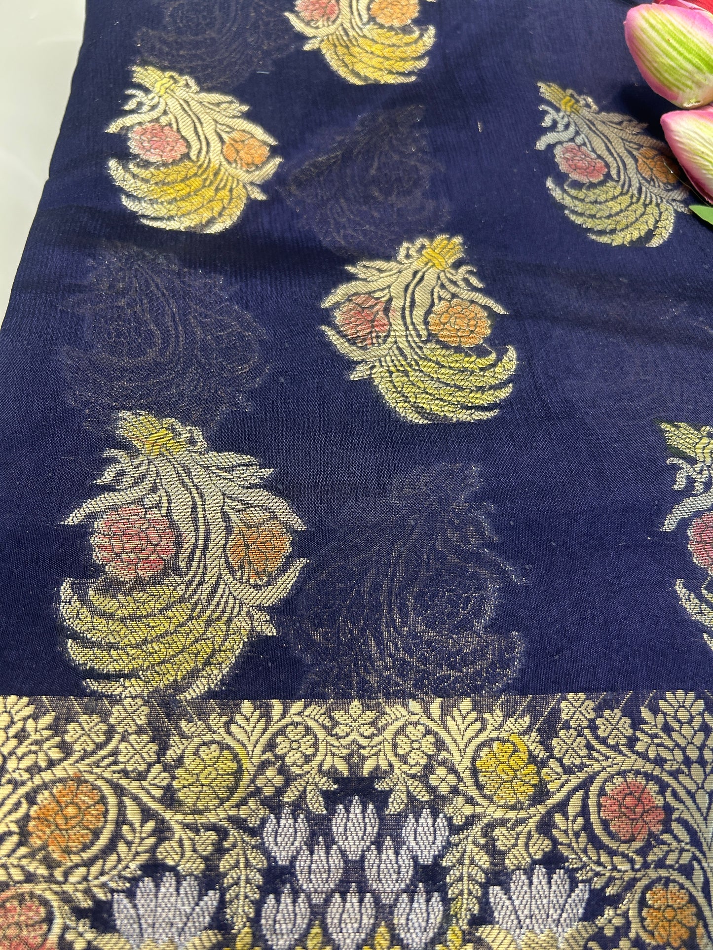 Navy Blue color Dupion Silk Handloom Banarasi Saree