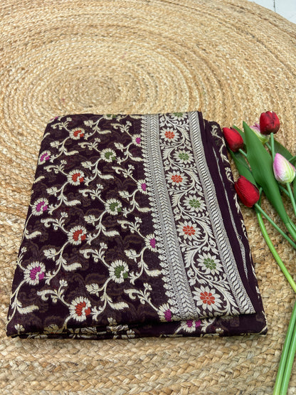 Authentic Handloom Deep Plum Floral Pure Georgette Khaddi weaving Saree