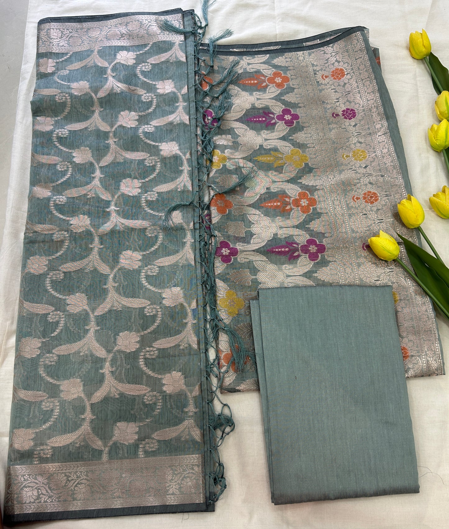 Dusty Teal Cotton double Zari  Banarasi 3 piece set