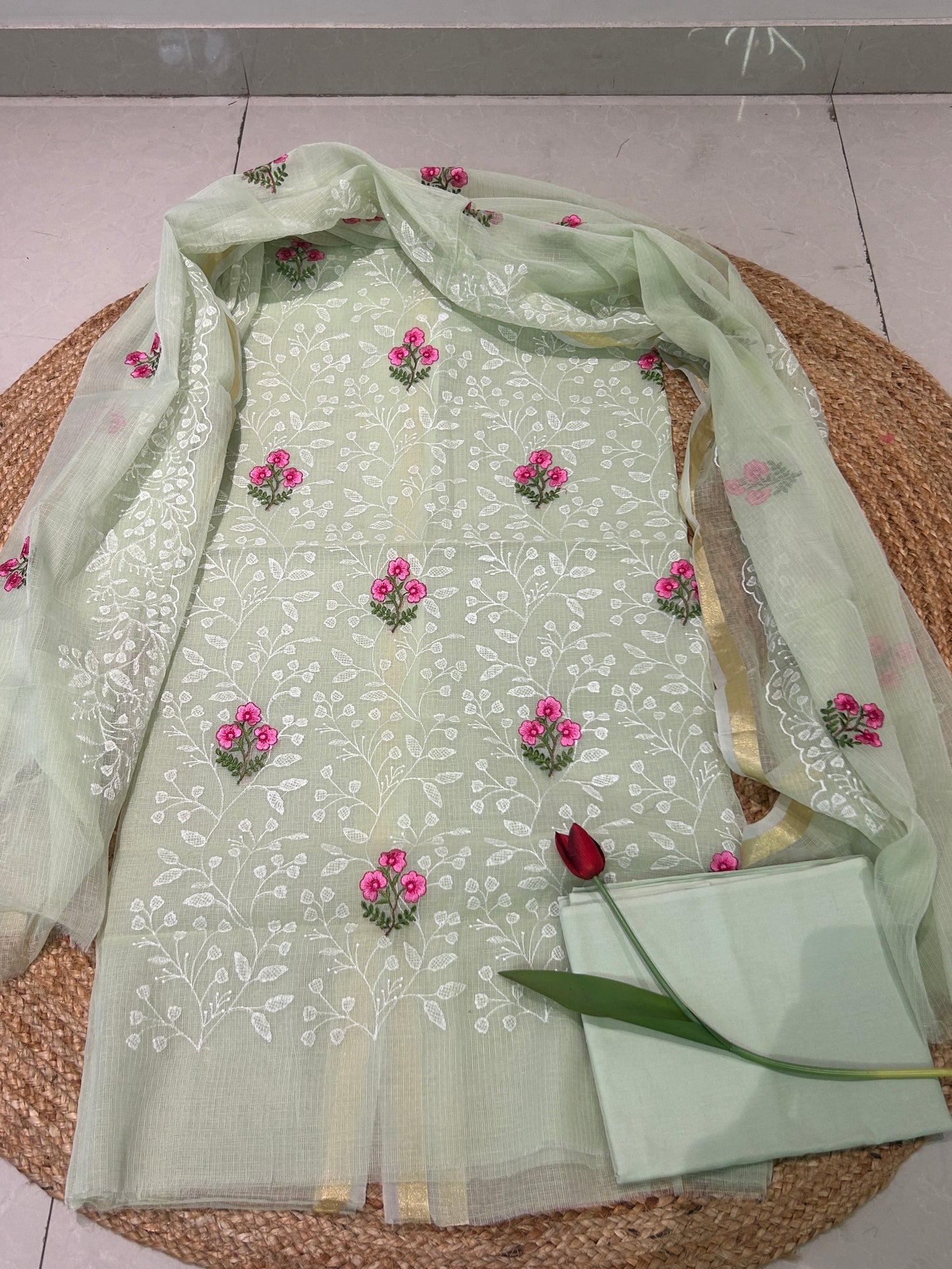 Sage Green Mixed Cotton Kota Doria Unstitched Suit Set