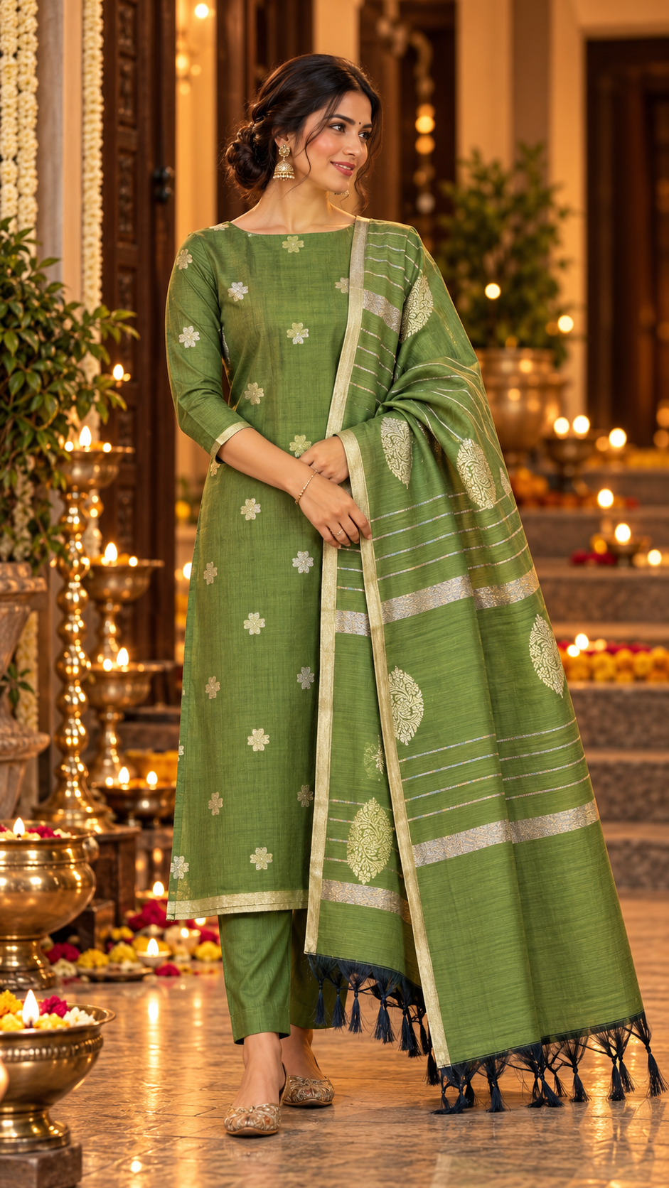 Olive Green Cotton Silk  Banarasi 3-Piece Suit Material