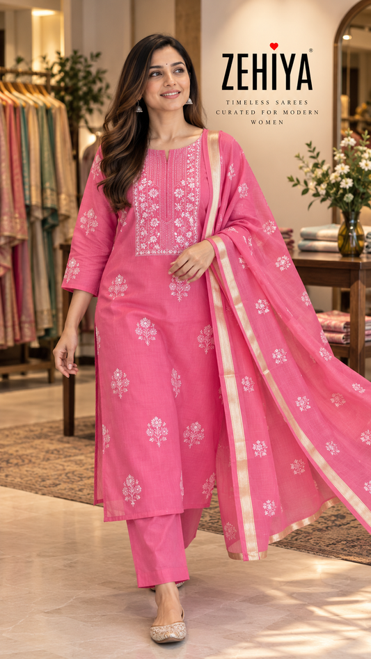 Rani Pink Mixed Cotton Kota Doria Unstitched Suit Set
