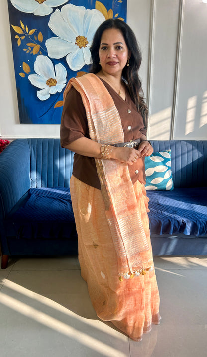 Peach Linen Jamdani weaving Pure Handloom Saree with Blouse Piece SLN38