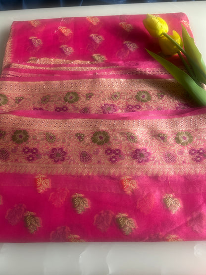 Authentic Handloom Pure Khaddi Georgette Banarasi Saree – Candy Pink with Meenakari Floral Border