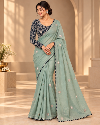 Soft Pastel mint green designer party wear Saree with  Dark green heavy handwork designer ready made blouse  - SPW179