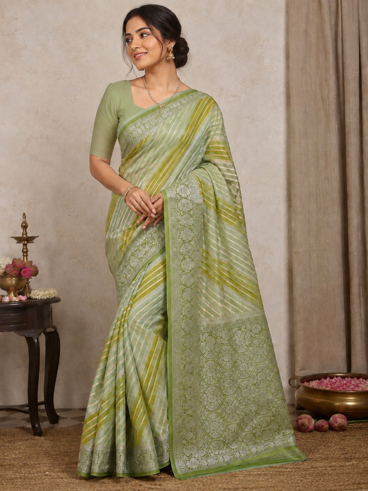 Authentic Handloom Pistachio Green Pure Georgette Khaddi weaving Saree