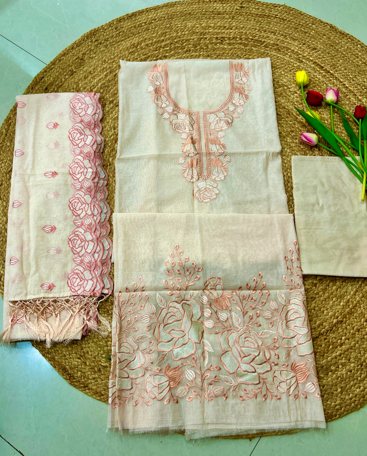 Pale Peach Floral Mulcotton 3-Piece Suit Set