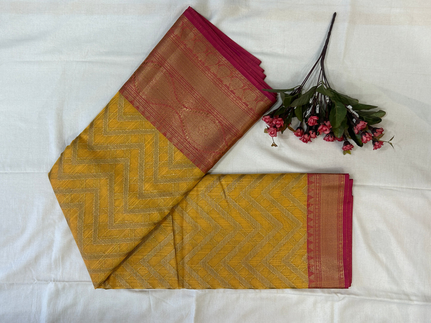 Mustard Yellow with Rani Pink border with Antique Gold Zari Linen Tissue Banarasi saree with Brocade blouse piece