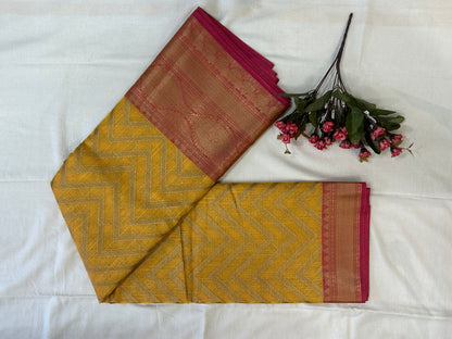 Mustard Yellow with Rani Pink border with Antique Gold Zari Linen Tissue Banarasi saree with Brocade blouse piece