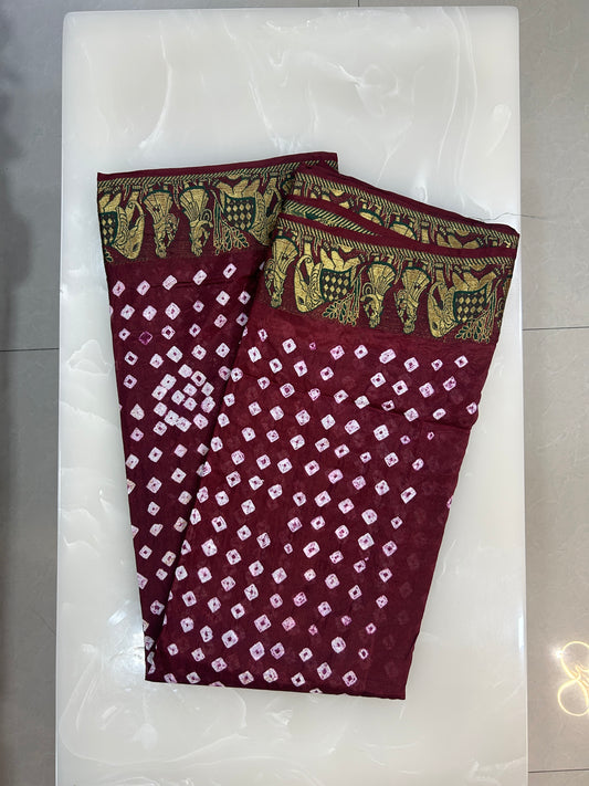 Maroon color Bandini saree with woven figure motifs all over the borders with plain blouse  piece SB207