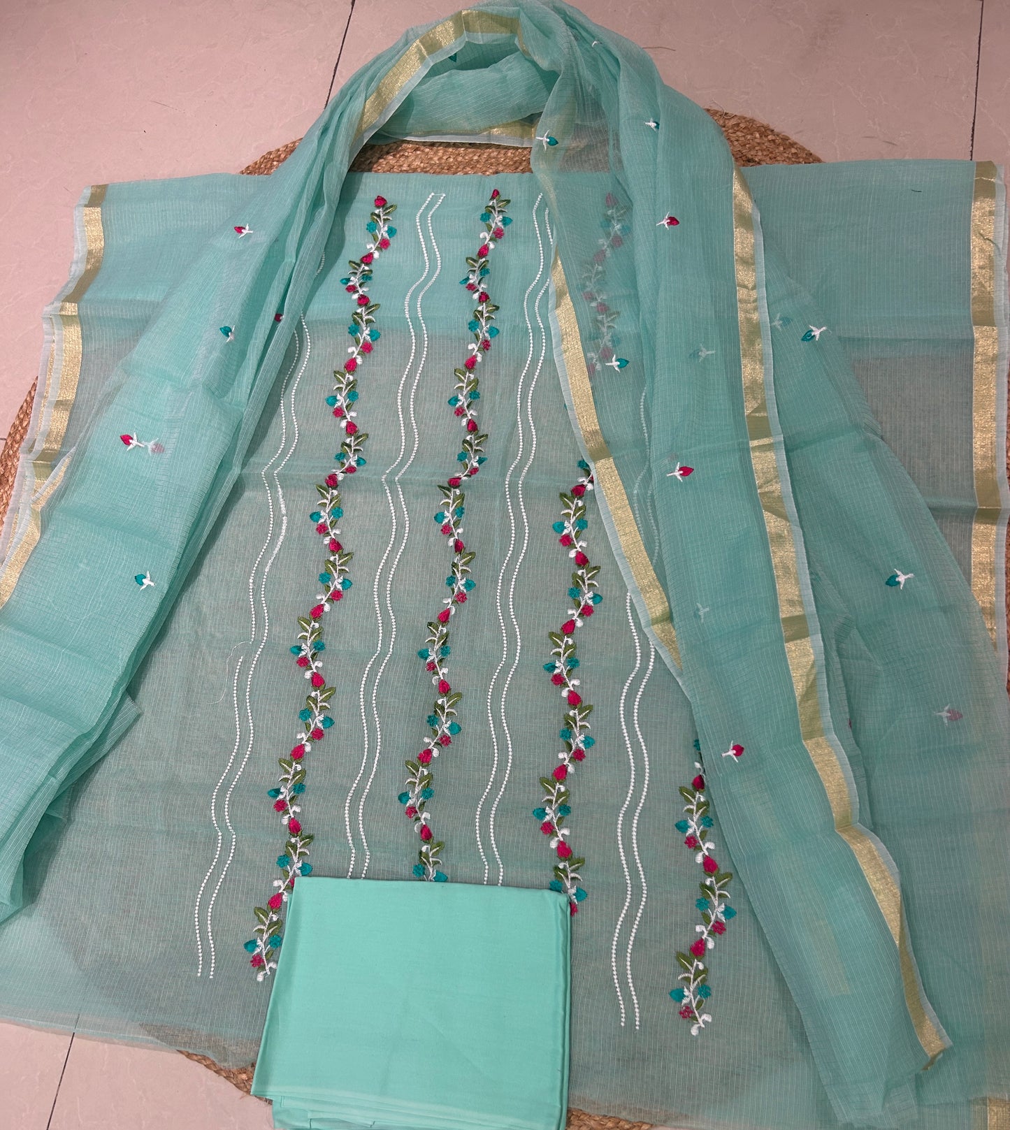 Sea Green Mix Cotton Embroidered Unstitched Suit Set