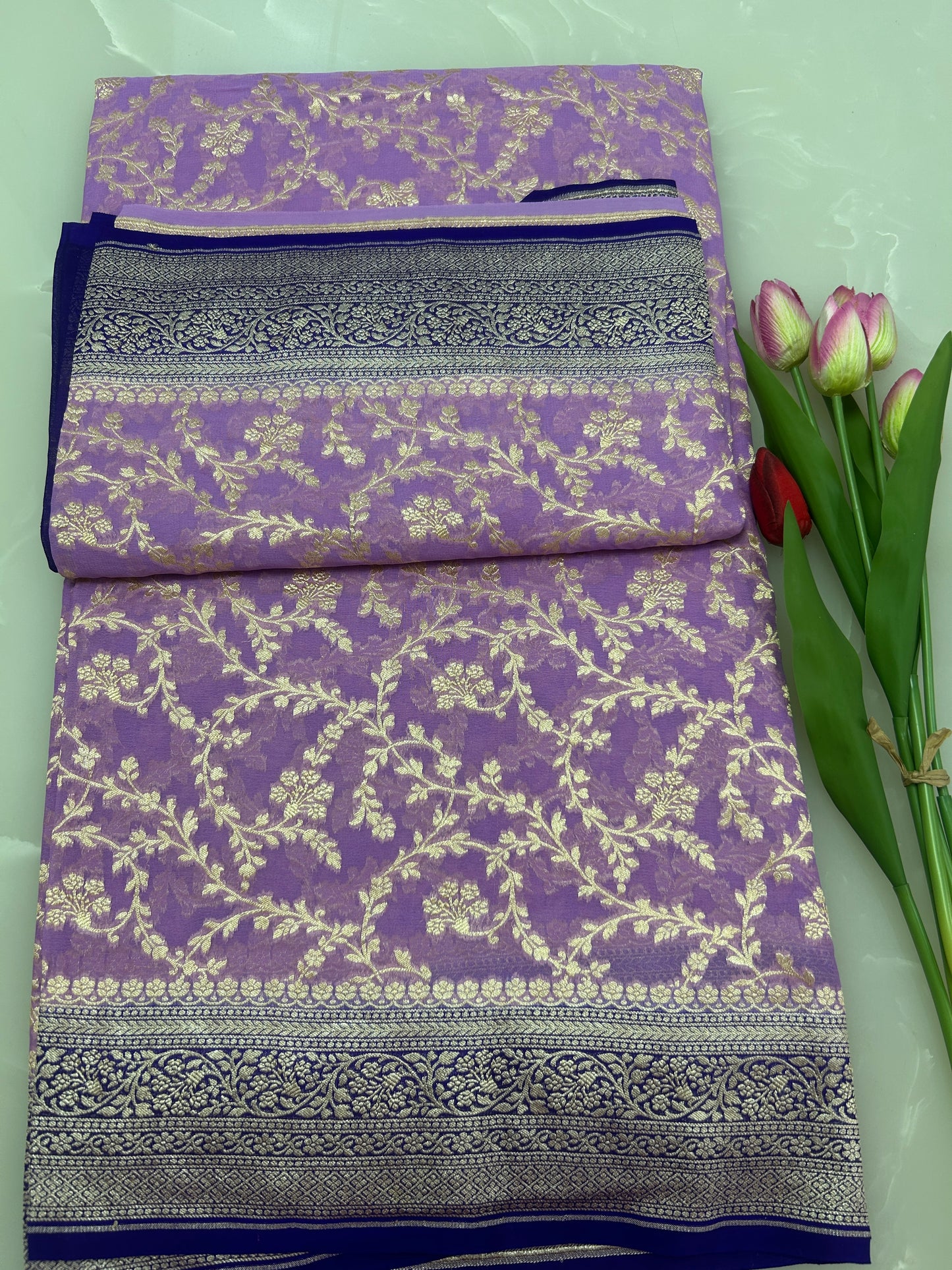 Lavendar Handwoven Handloom Khaddi Georgette Banarasi Saree with contrast purple blouse