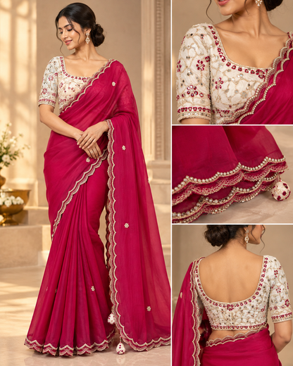 Rani Pink designer party wear Saree with  White heavy handwork designer ready made blouse  - SPW178