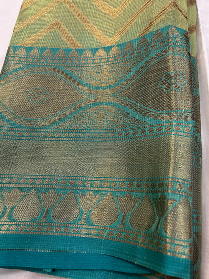Pista Green with Teal Border & Antique Gold Zari Linen Tissue Banarasi saree with Brocade blouse piece