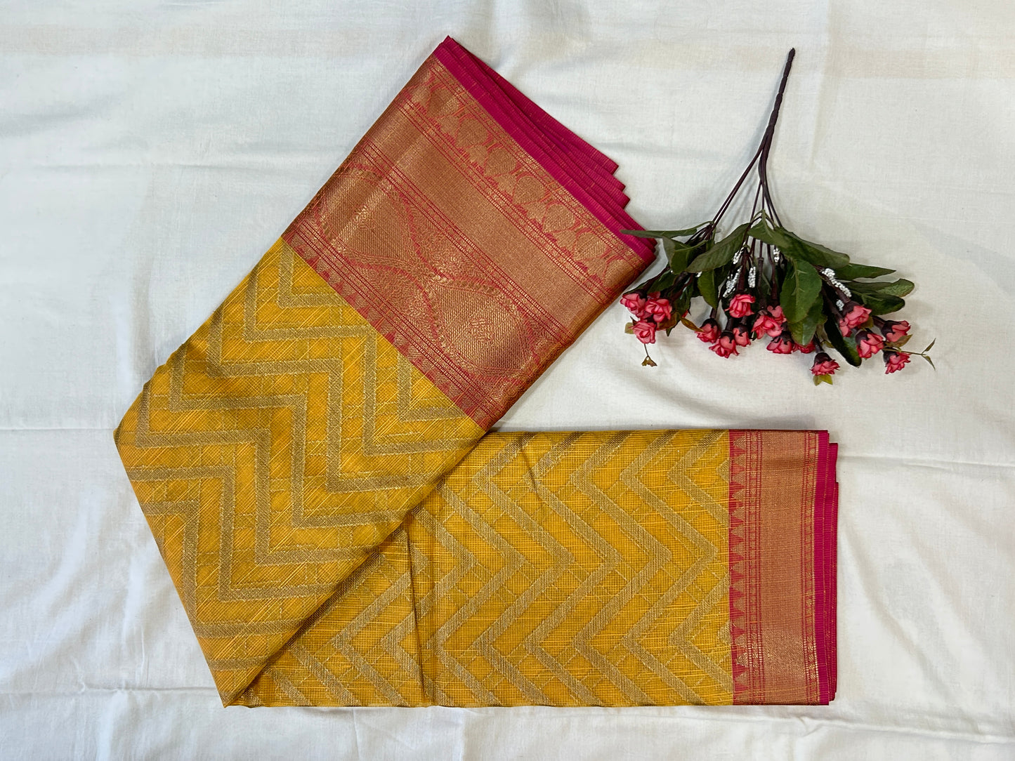 Mustard Yellow with Rani Pink border with Antique Gold Zari Linen Tissue Banarasi saree with Brocade blouse piece