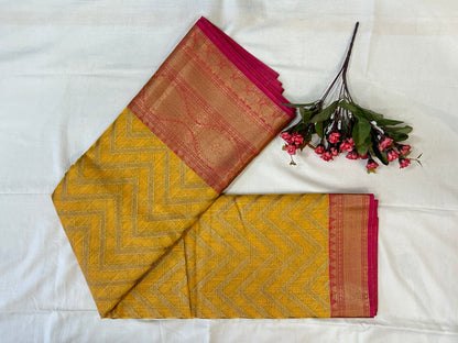 Mustard Yellow with Rani Pink border with Antique Gold Zari Linen Tissue Banarasi saree with Brocade blouse piece