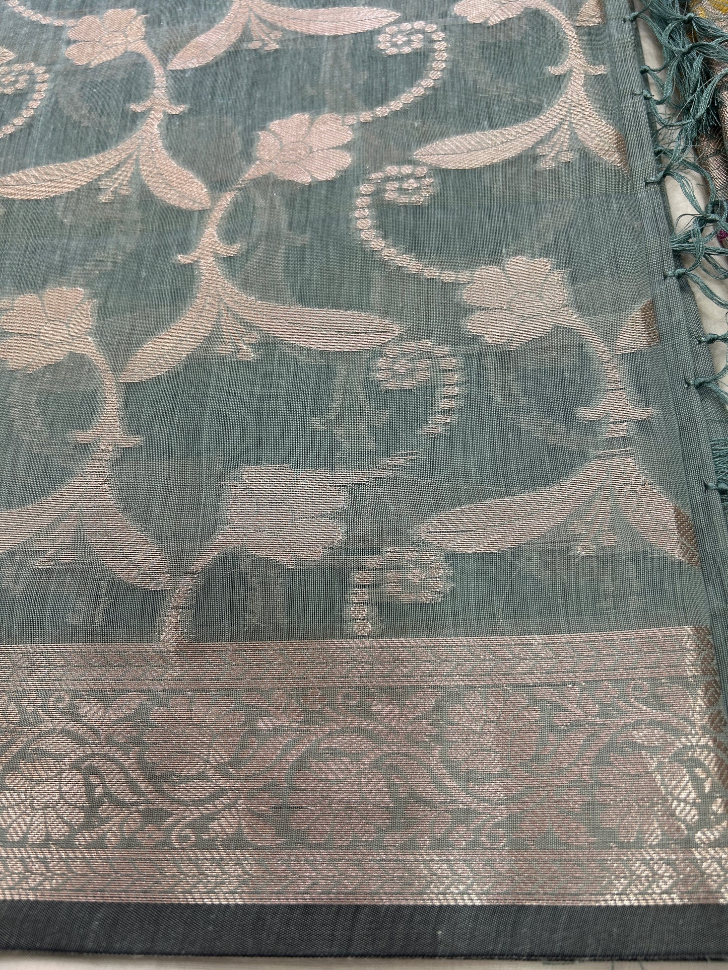 Dusty Teal Cotton double Zari  Banarasi 3 piece set