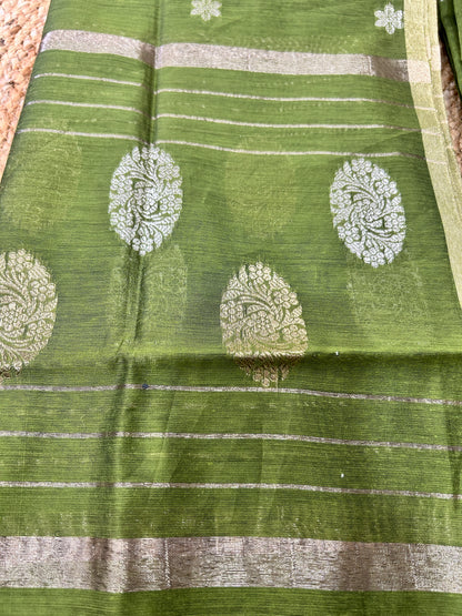 Olive Green Cotton Silk  Banarasi 3-Piece Suit Material