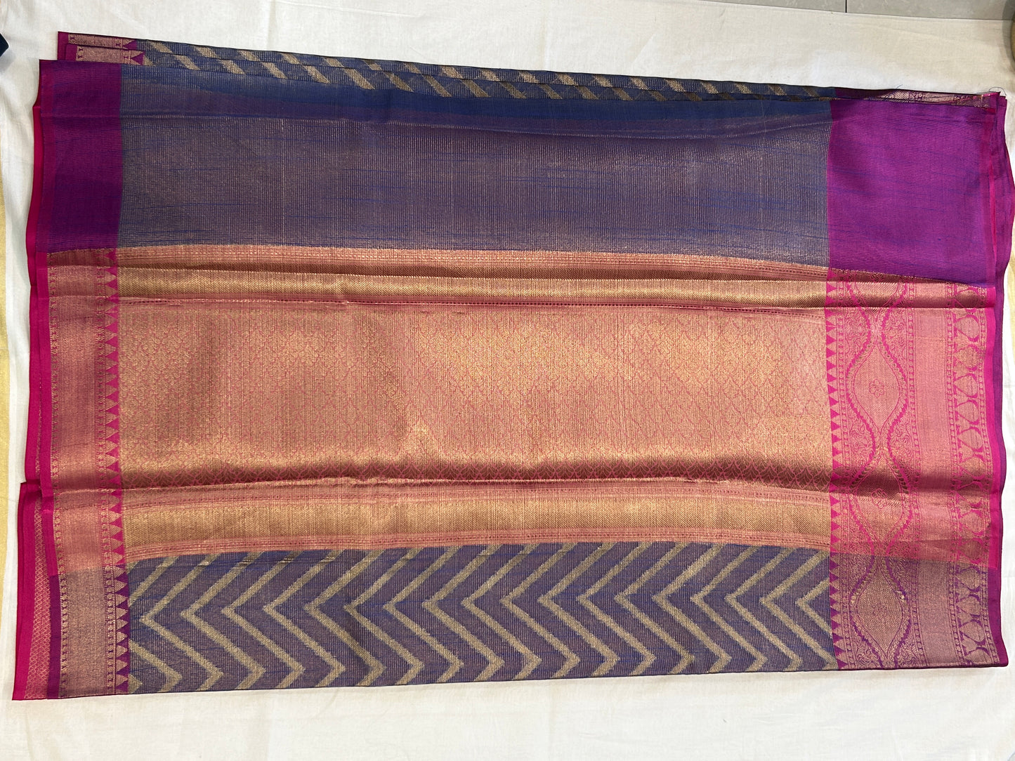 Royal Blue & Magenta with Antique Gold Zari Linen Tissue Banarasi saree with Brocade blouse piece