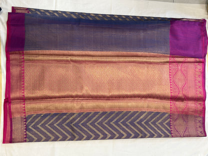 Royal Blue & Magenta with Antique Gold Zari Linen Tissue Banarasi saree with Brocade blouse piece