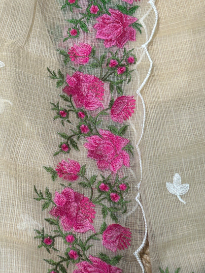 Beige Floral Embroidered Mix-Cotton Unstitched Suit Set