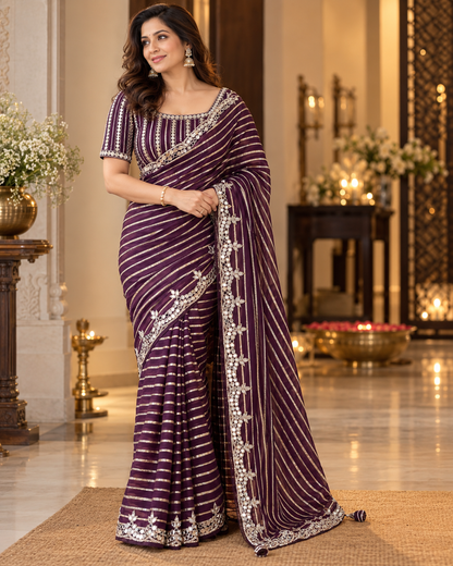 Burgundy color designer party wear Saree with  striped zari with heavy handwork designer ready made blouse  - SPW183