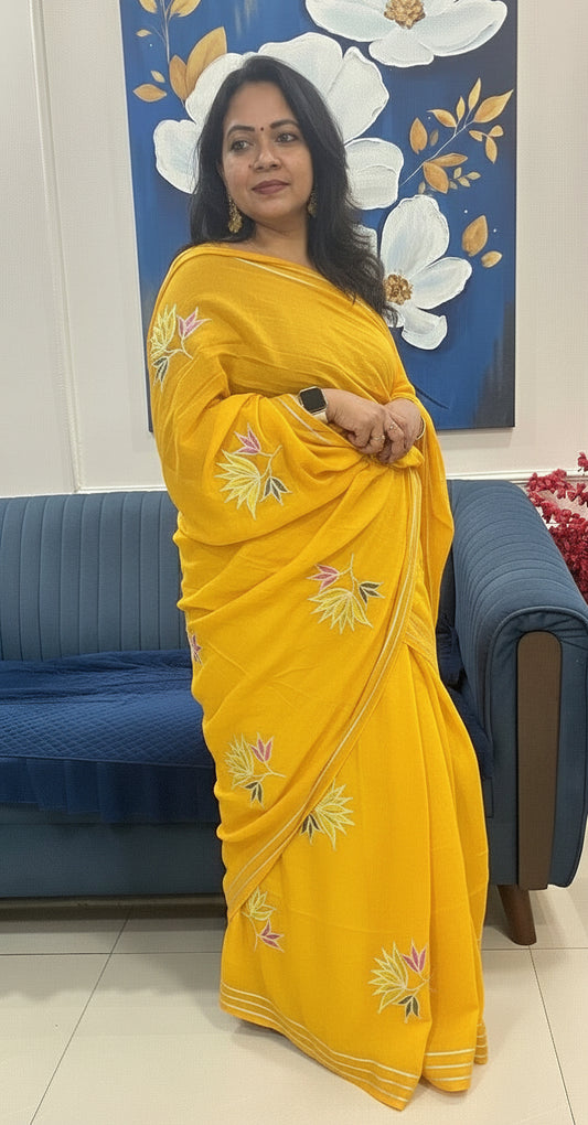 Mango Yellow  color Mulcotton saree with Gottapatti embroidery work