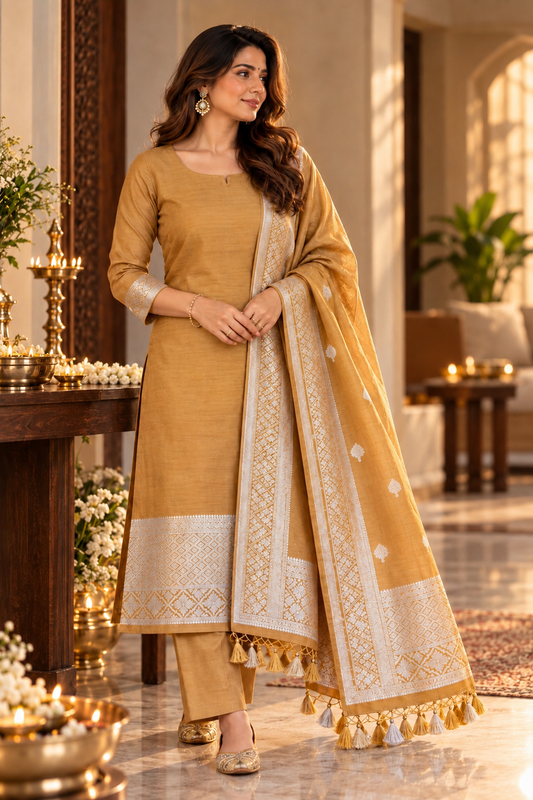 Mustard Gold Pure Mul cotton  Suit Set