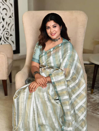 Pure tissue and Organza silver and golden vertical striped saree SO220
